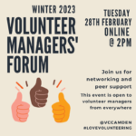 Winter 2023 Volunteer Managers' Forum. Three thumbs up on a beige background