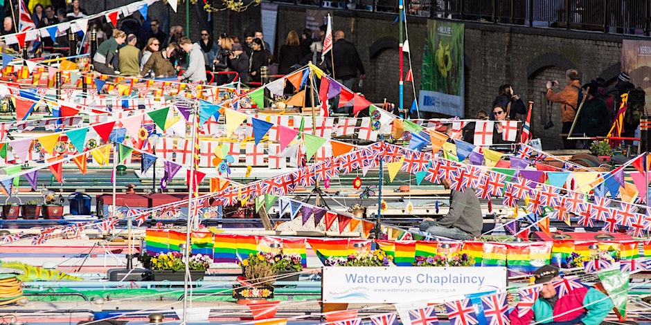 Colourful bunting and a number of canal boats. A festive image!