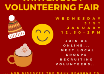 Warming image with details about Camden and Islington volunteering fair and a happy face, winter hat and hot chocolate.