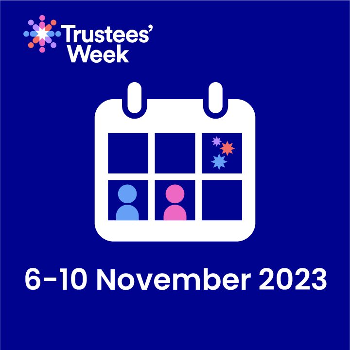 Square image which shows the trustees week logo plus an icon of a calendar with two people and stars inside it, and the dates of the week 6-10 November 2023