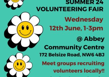 Details of Camden and Islington Summer 24 Volunteering fair on a turquoise background with three happy face flowers