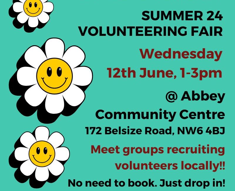 Details of Camden and Islington Summer 24 Volunteering fair on a turquoise background with three happy face flowers