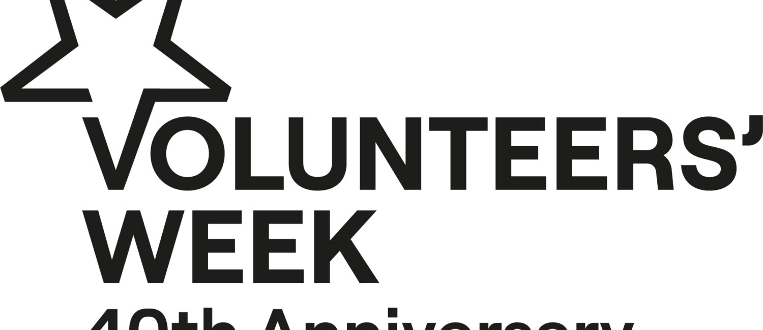Black and white logo which reads Volunteers' Week 40th anniversary anfd features a large black star