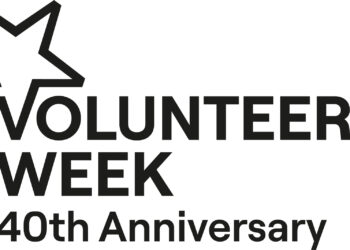 Black and white logo which reads Volunteers' Week 40th anniversary anfd features a large black star