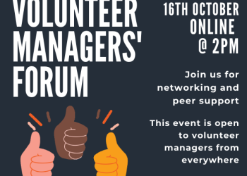 three thumbs up and details about the august 24 volunteer managers forum. navy background. white letters.