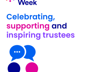 Trustees' week logo on a white background. Wording says celebrating, supporting and inspiring trustees. hashtag trusteesweek. Outlines of two bubble people, one pink one blue with speech bubbles above them.