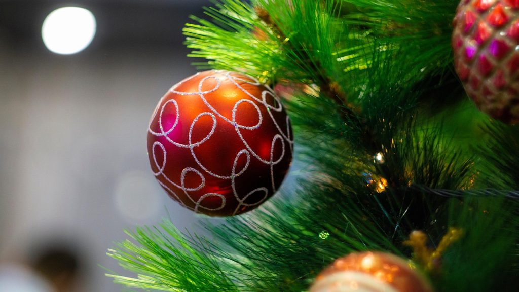 Christmas Tree baubles in red and gold on an artificial christmas tree