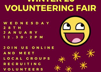 Burgundy background with yellow font, stars and happy face emoji. Join us online and meet local groups recruiting volunteers. Wednesday 28th January, 12.30-2pm. Online.