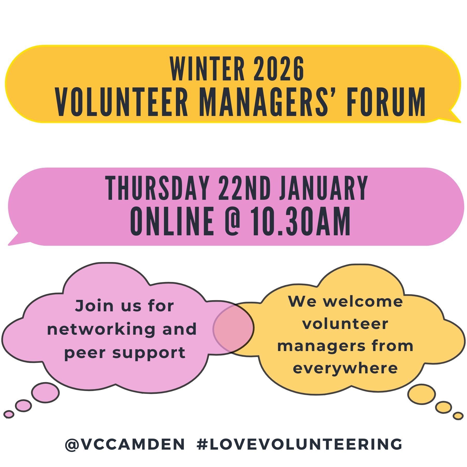 Yellowy orange and cool pink speech bubbles with details about the VMF. All details are in the copy below.