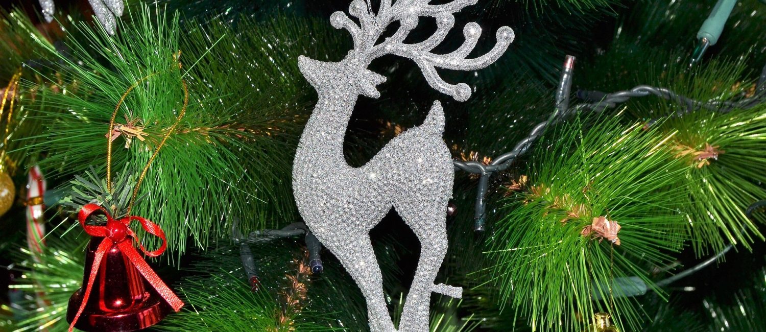 Close of Christmas tree with sparkly ornaments