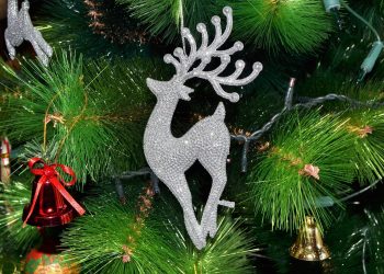 Close of Christmas tree with sparkly ornaments